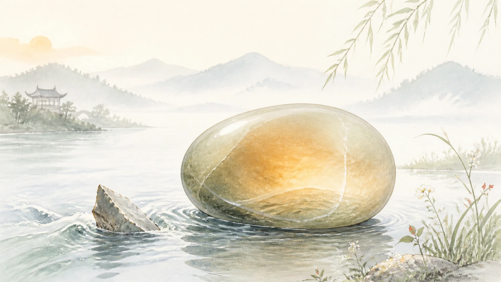 一块透出金色光芒的裂纹圆石立在湖水中，远处有亭台与群山
