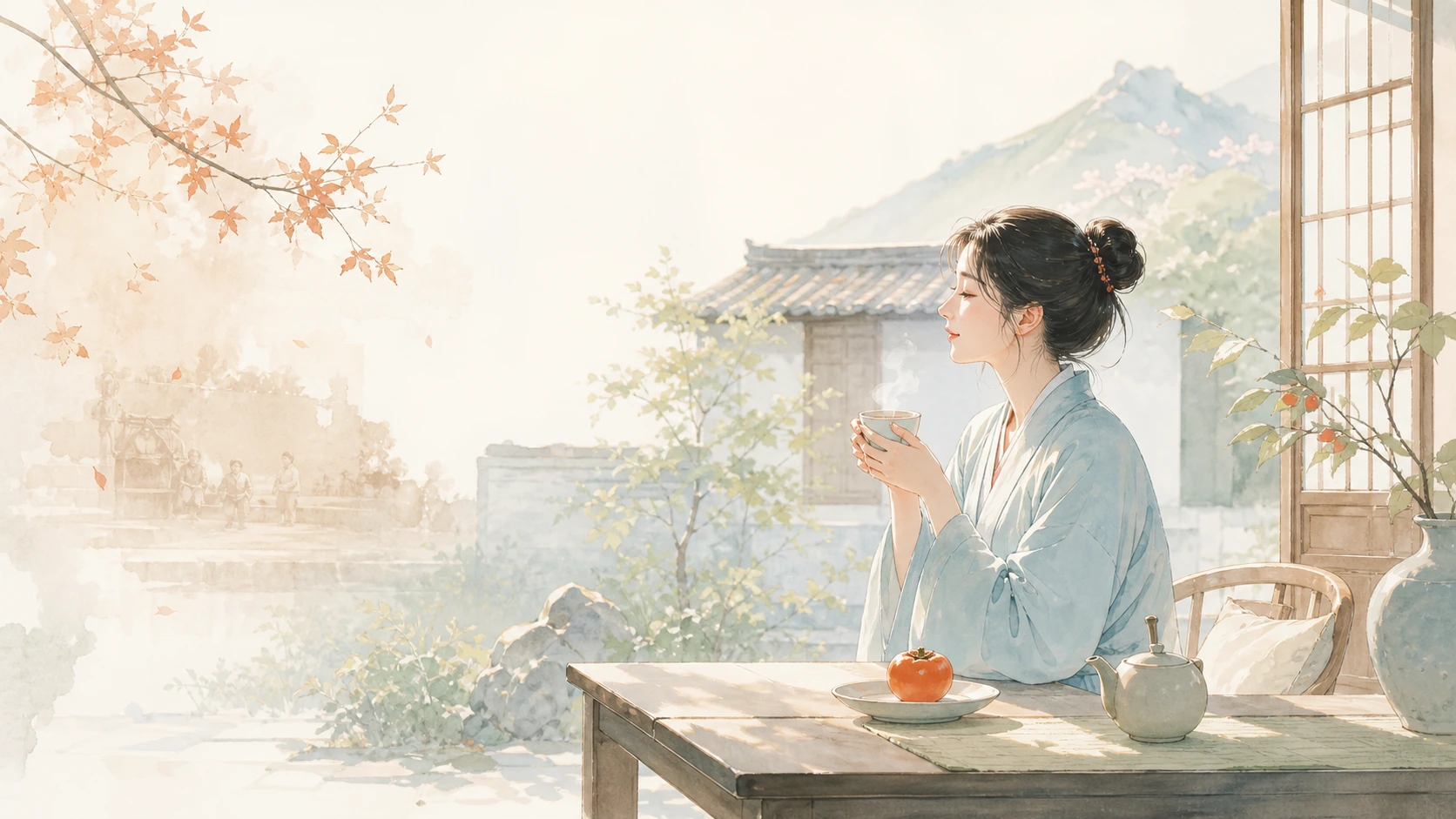 蓝衣女子坐在庭院桌前手捧茶杯，桌上放着茶壶和柿子