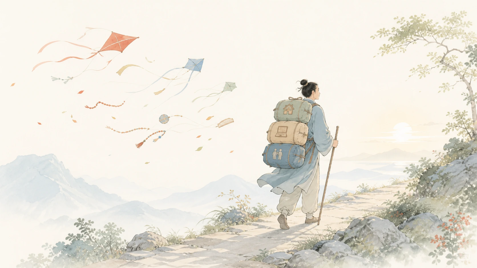 背着三卷行囊的旅人拄杖走在山路上，天空飘着多只风筝