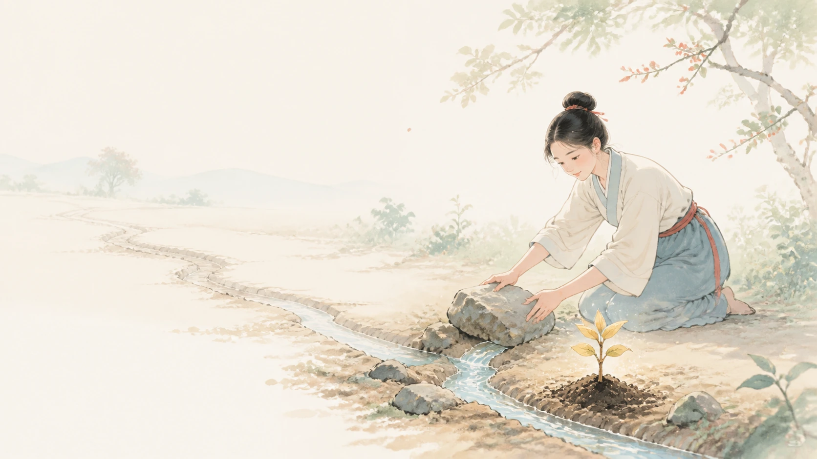 女子搬动石块疏通田间水渠，渠边栽着一株金色幼苗