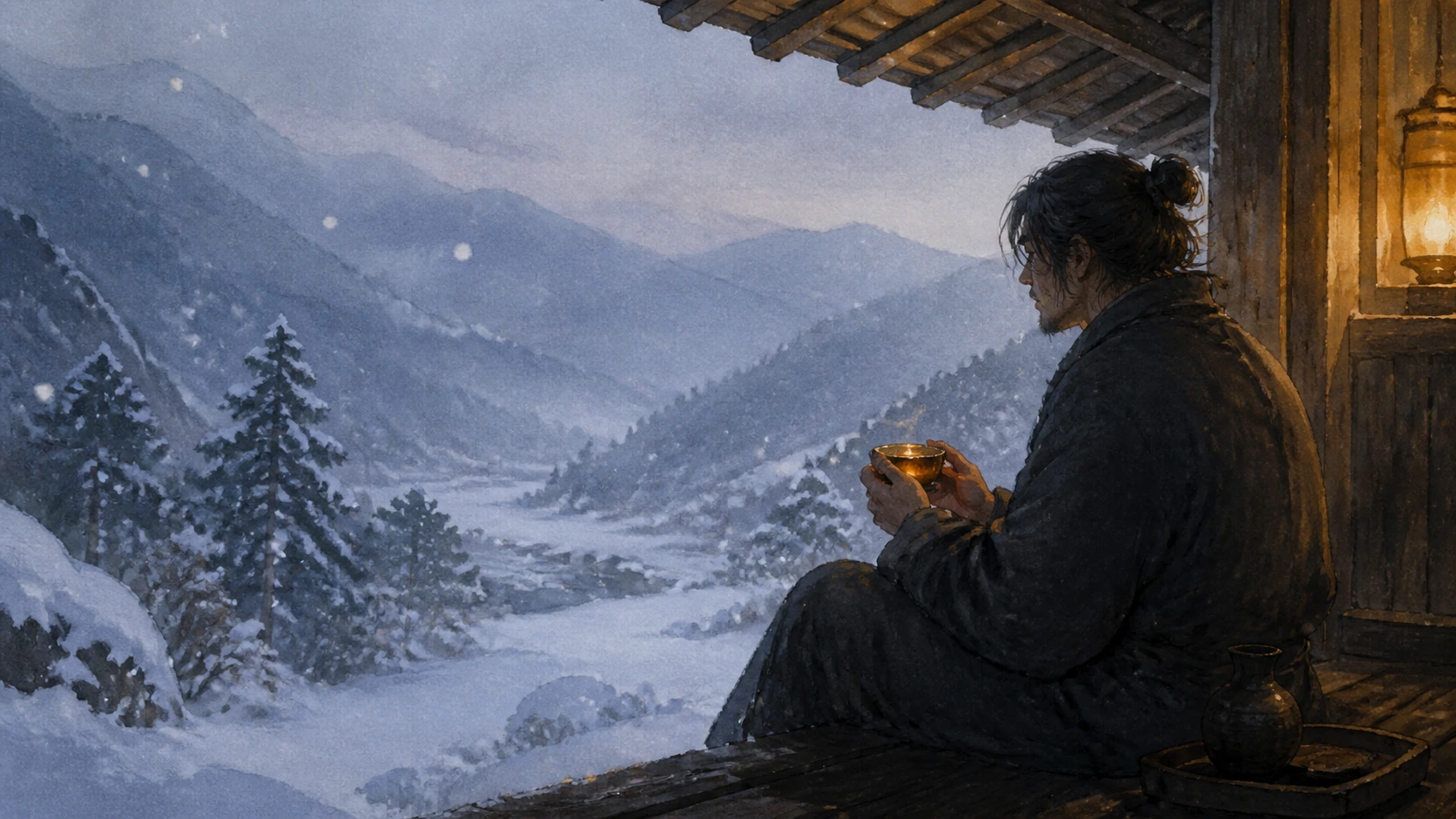 黑衣男子坐在木屋檐下手捧热茶，望向飘雪的山谷
