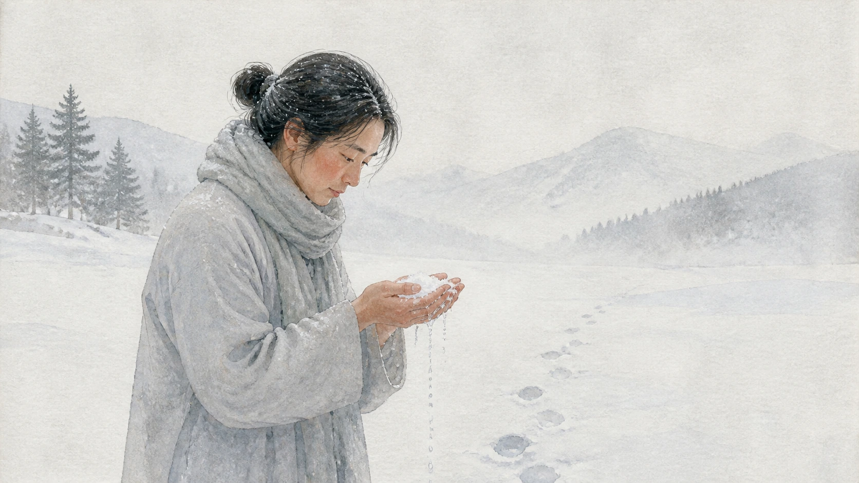 围巾女子在雪原中双手捧着融化的积雪，身后留下一串脚印