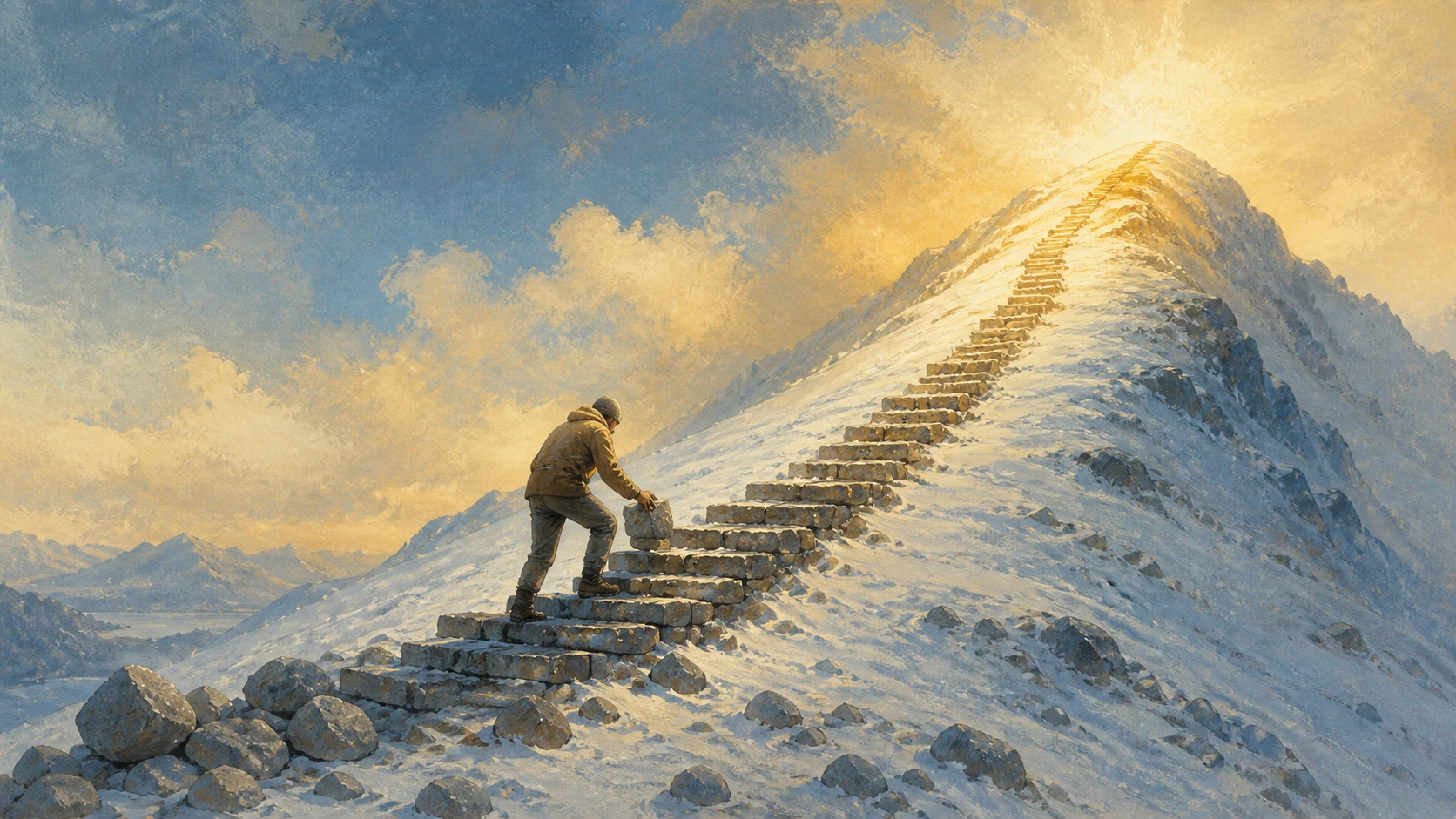 登山者搬着石块攀登通向雪山顶的长阶