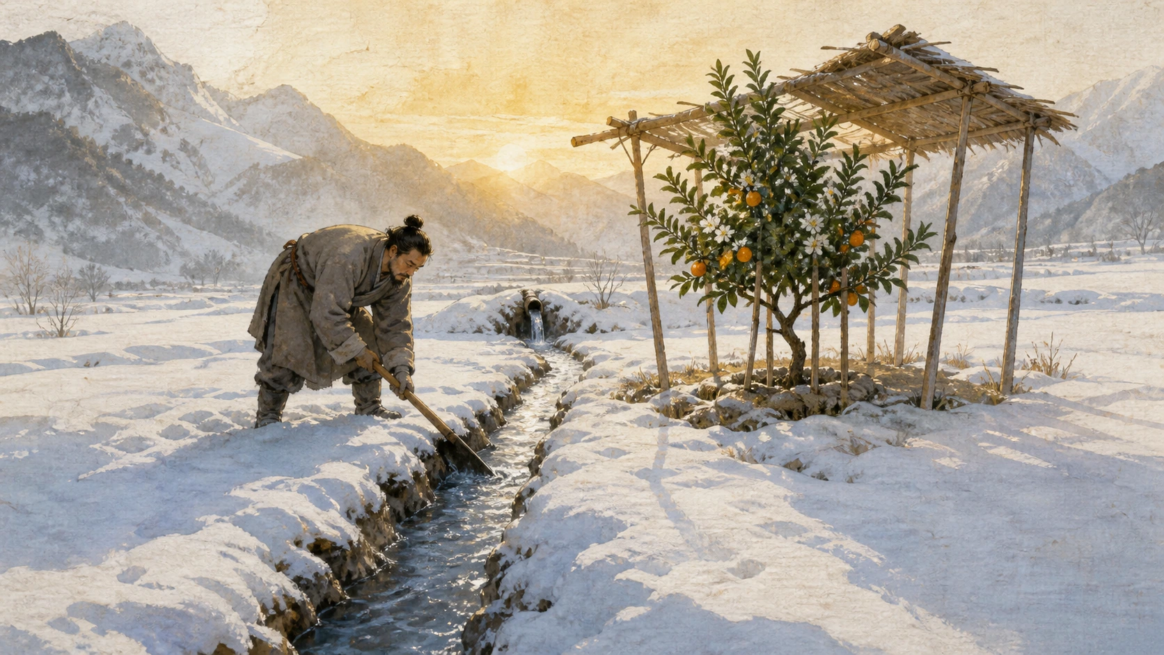 男子在雪地里清理水渠，旁边棚架下的果树挂满橙色果实