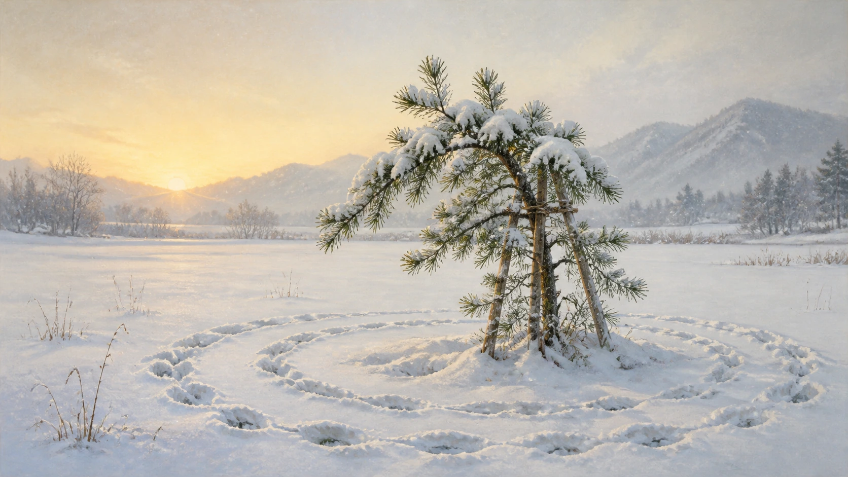 支架固定的小松树立在雪原中，周围脚印绕成多个圆圈