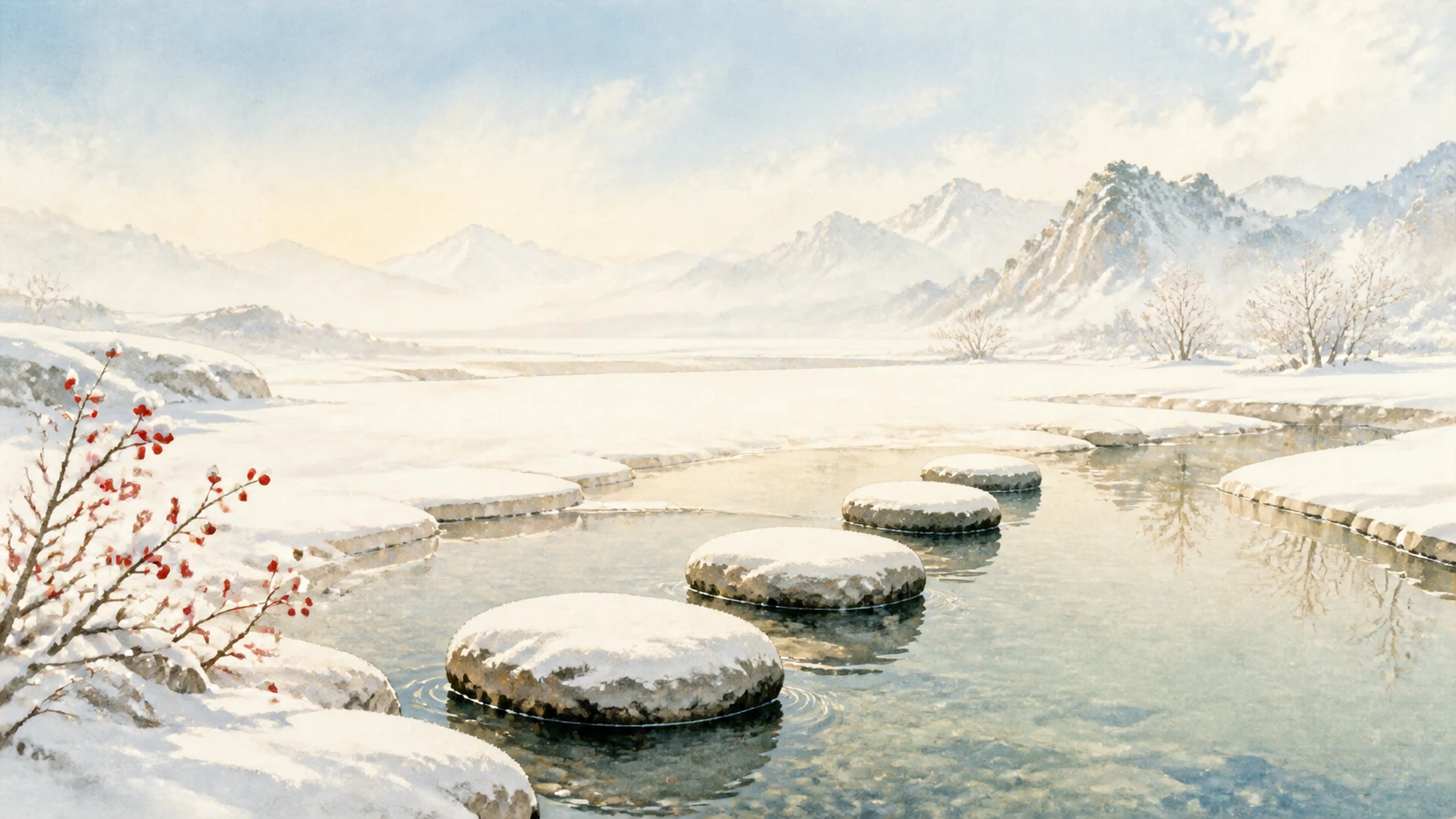 覆雪踏石横跨清澈溪流，红色果枝与远处雪山相映