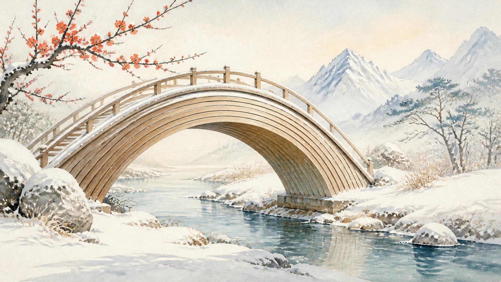 覆雪木拱桥横跨山间溪流，红梅在桥边盛开