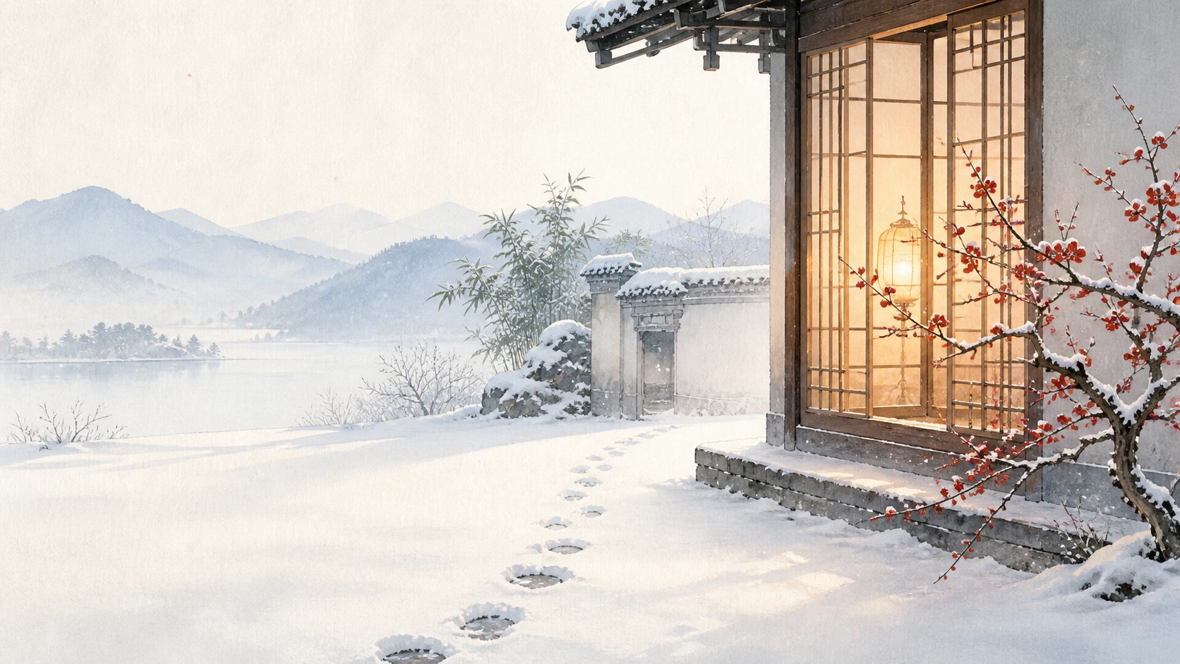 雪地脚印通向亮着灯的湖畔木屋，窗外红梅盛开