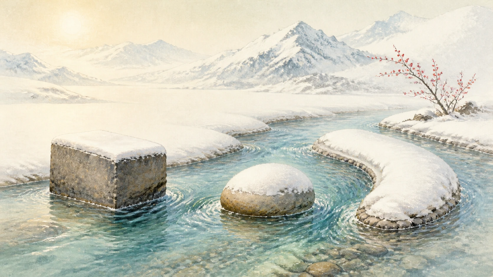 方形、圆形和长条形岩石分开溪流，远处雪山连绵