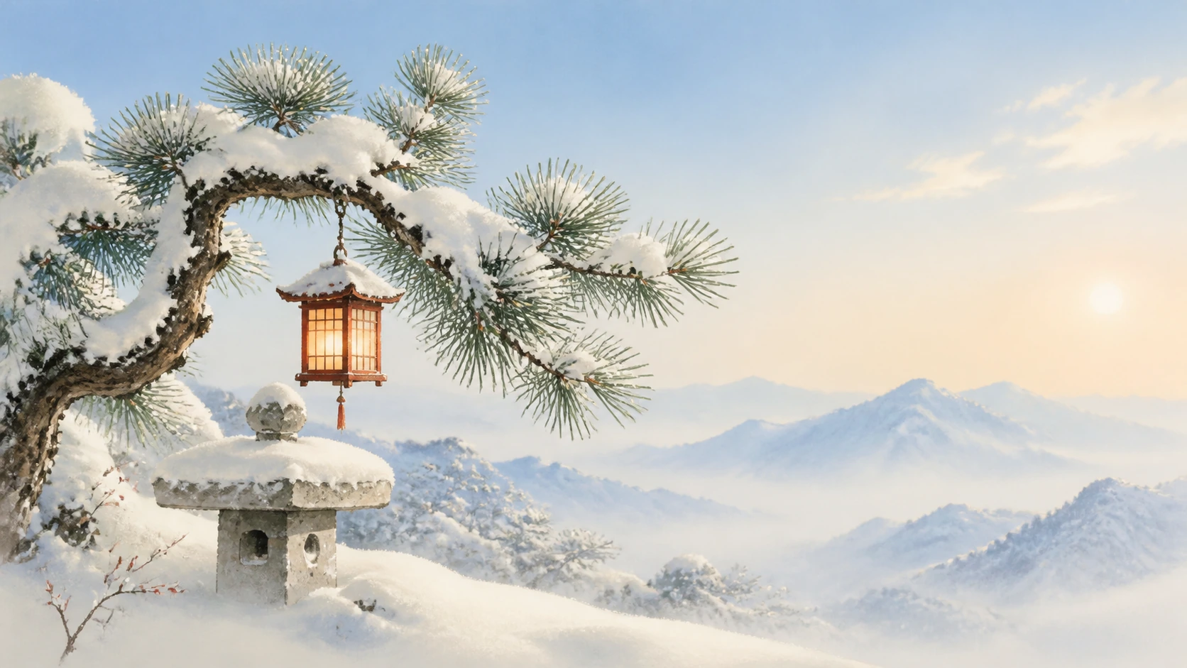 覆雪松枝悬着一盏亮灯笼，石灯与远处雪山相映
