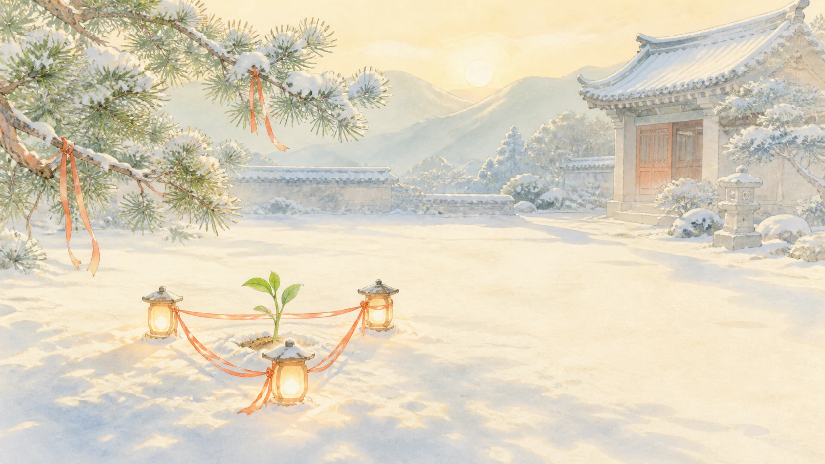 雪地幼苗被三盏灯笼与红色丝带围住，远处庭院覆雪