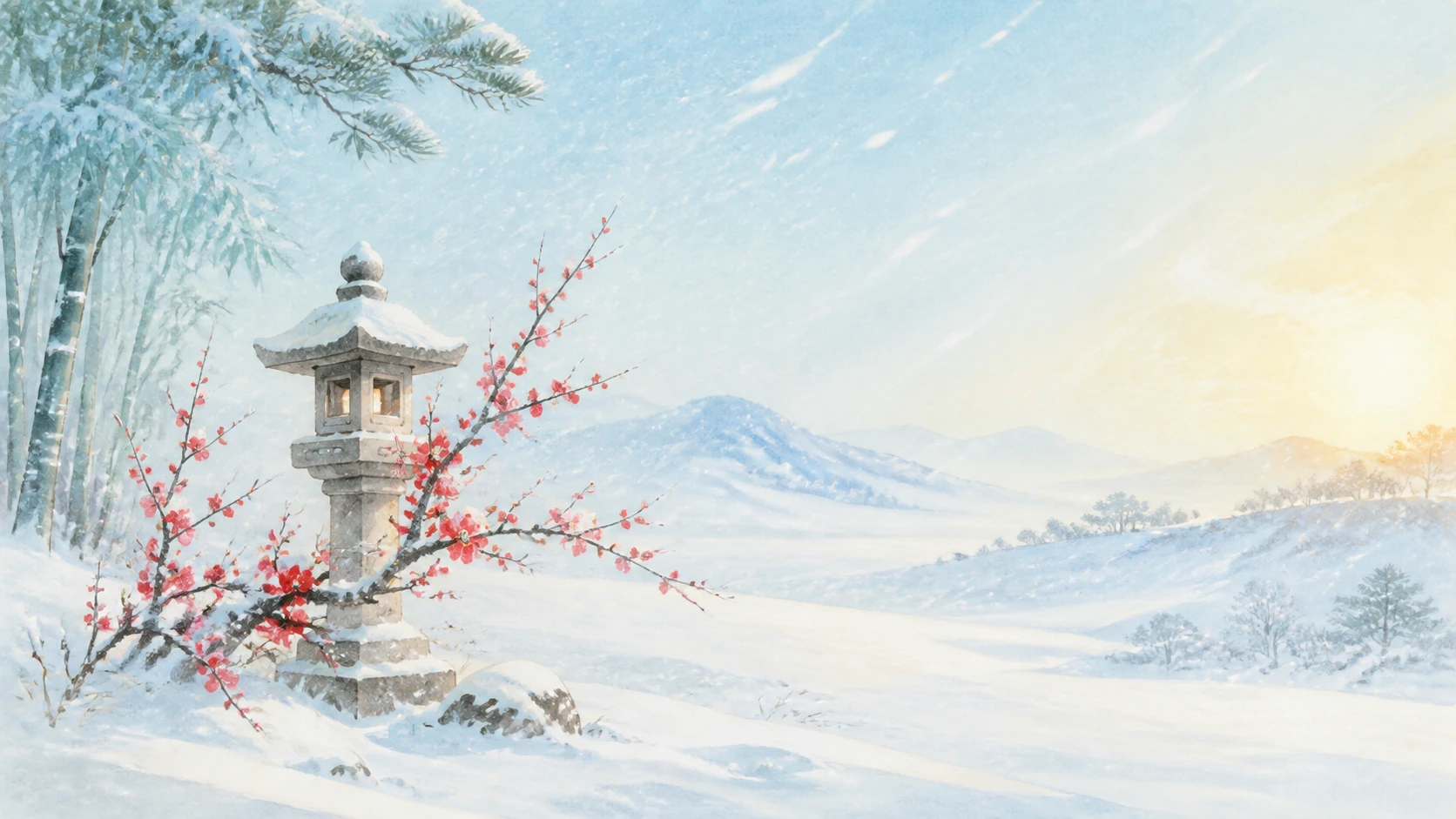 红梅环绕覆雪石灯，阳光照亮远处雪山