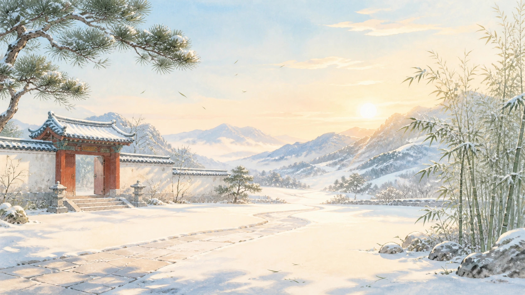 覆雪庭院的红色大门敞开，石路通向竹林与远山