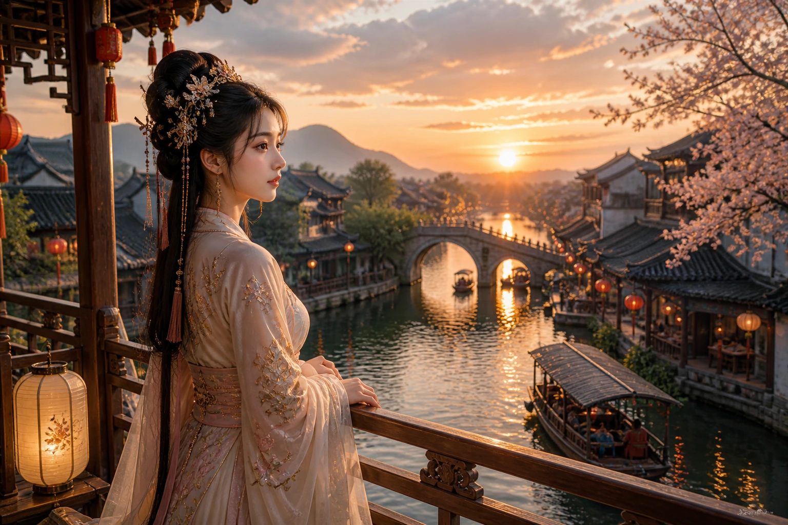 古装女子站在临河木楼栏杆前，眺望夕阳下的水乡与拱桥