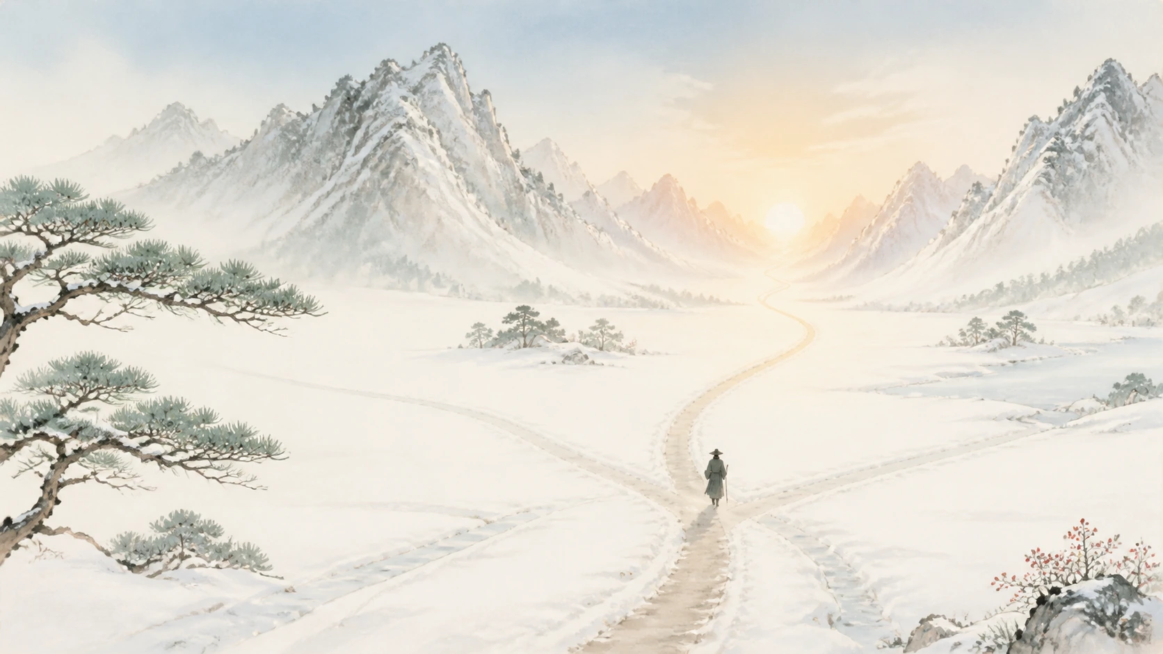 戴帽旅人站在雪原岔路口，两条足迹分别通向群山