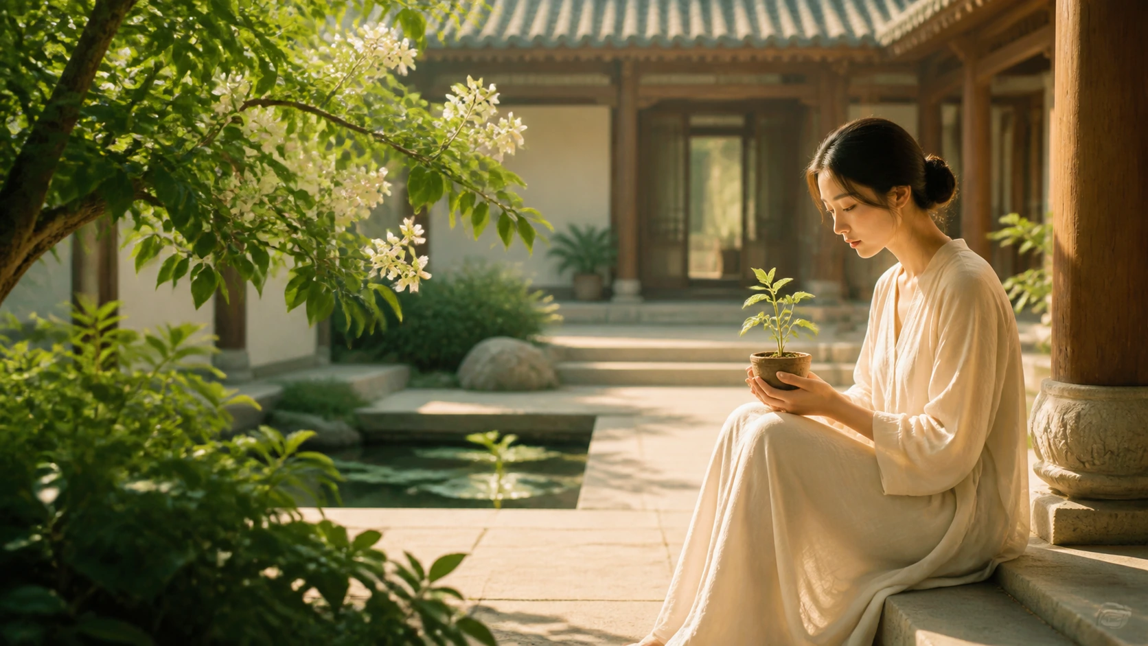 白衣女子坐在庭院台阶上，双手捧着一盆幼苗