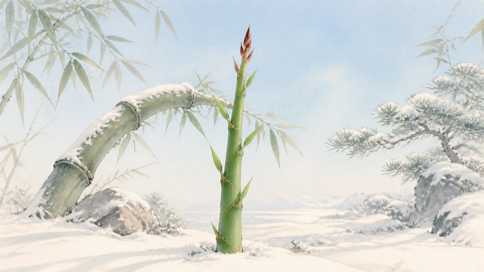 一株竹笋从雪地中长出，旁边弯曲的竹竿覆盖积雪