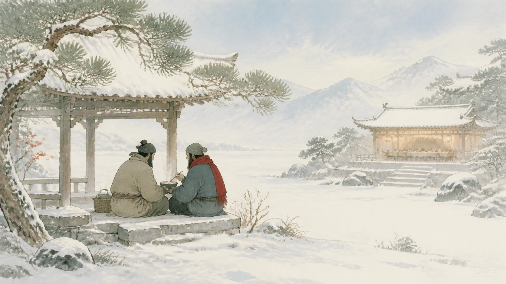 两人在覆雪亭中相对吃饭，湖对岸亭阁亮着灯
