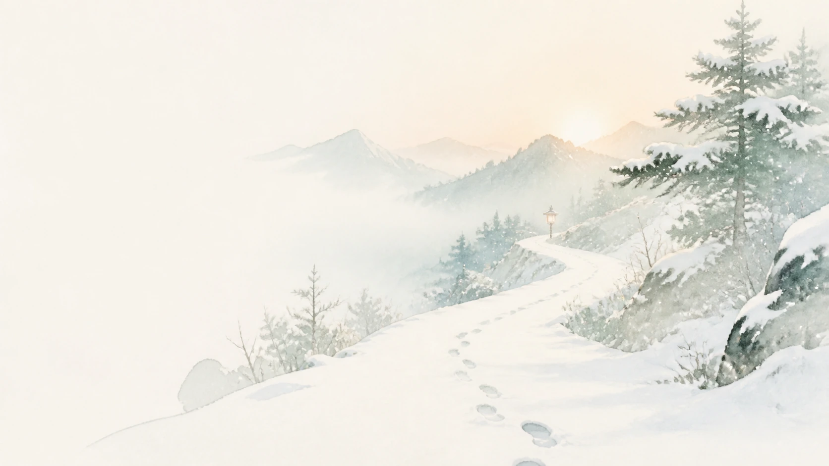 雪地脚印沿山脊小路通向一盏远处的灯笼
