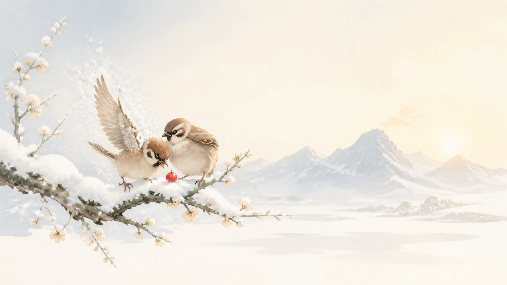两只麻雀停在覆雪白花枝上，争啄一颗红色果实