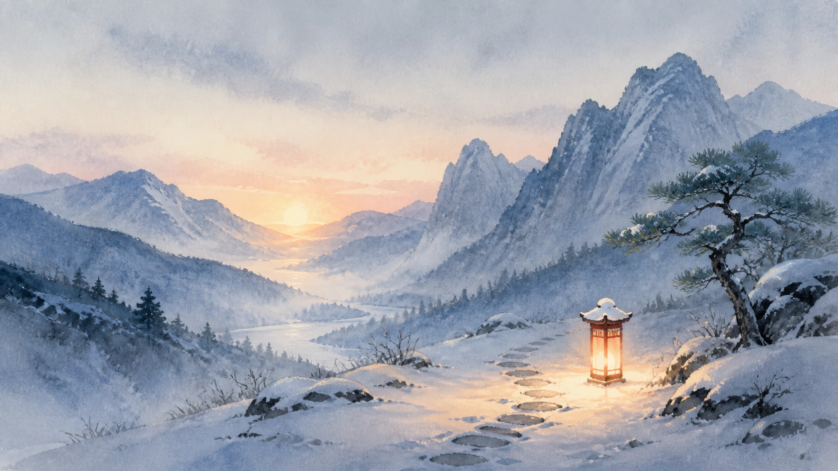 亮着的红色灯笼立在雪山石阶旁，远处夕阳西下