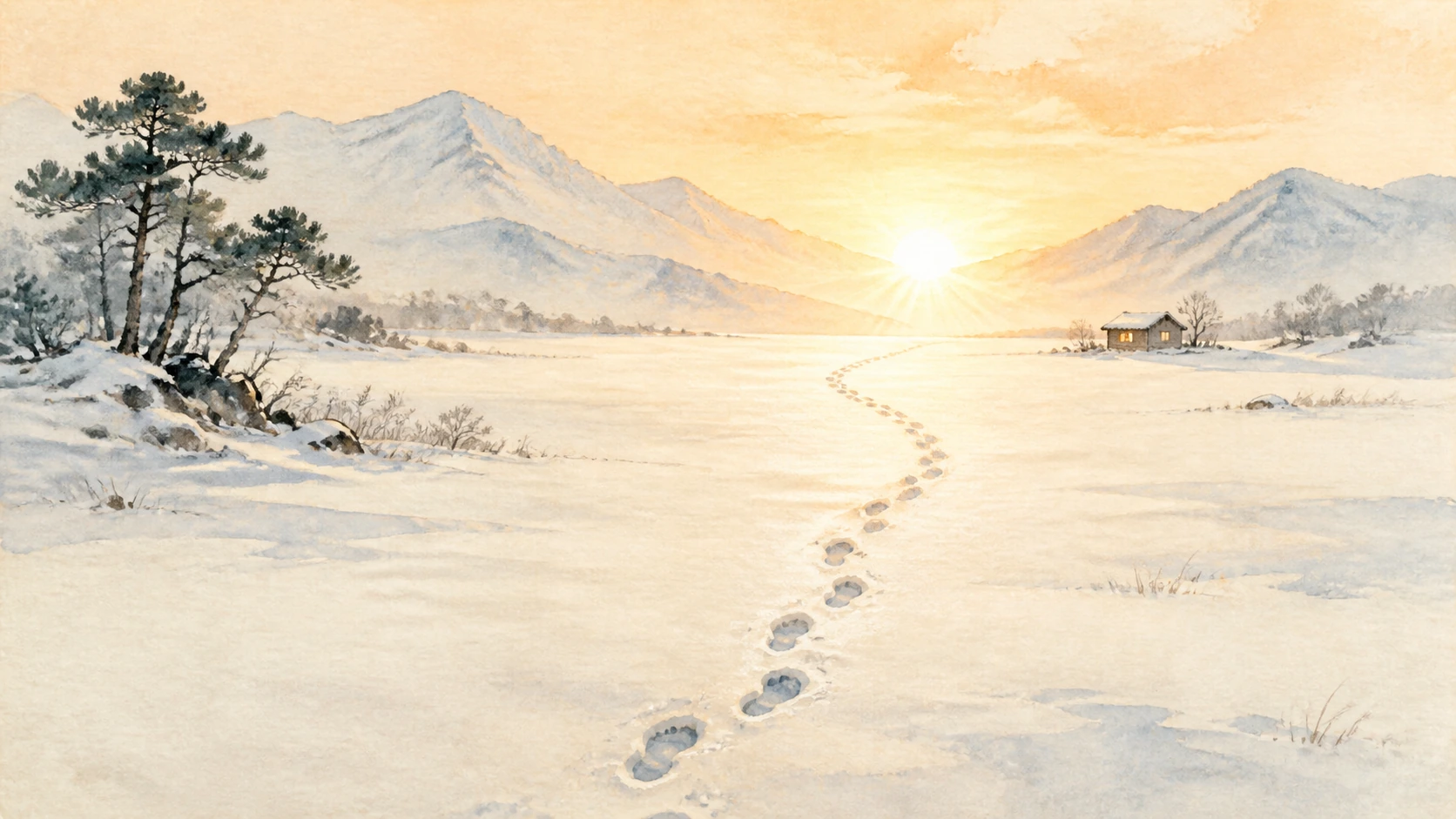 雪地脚印蜿蜒通向日出方向，远处小屋亮着灯