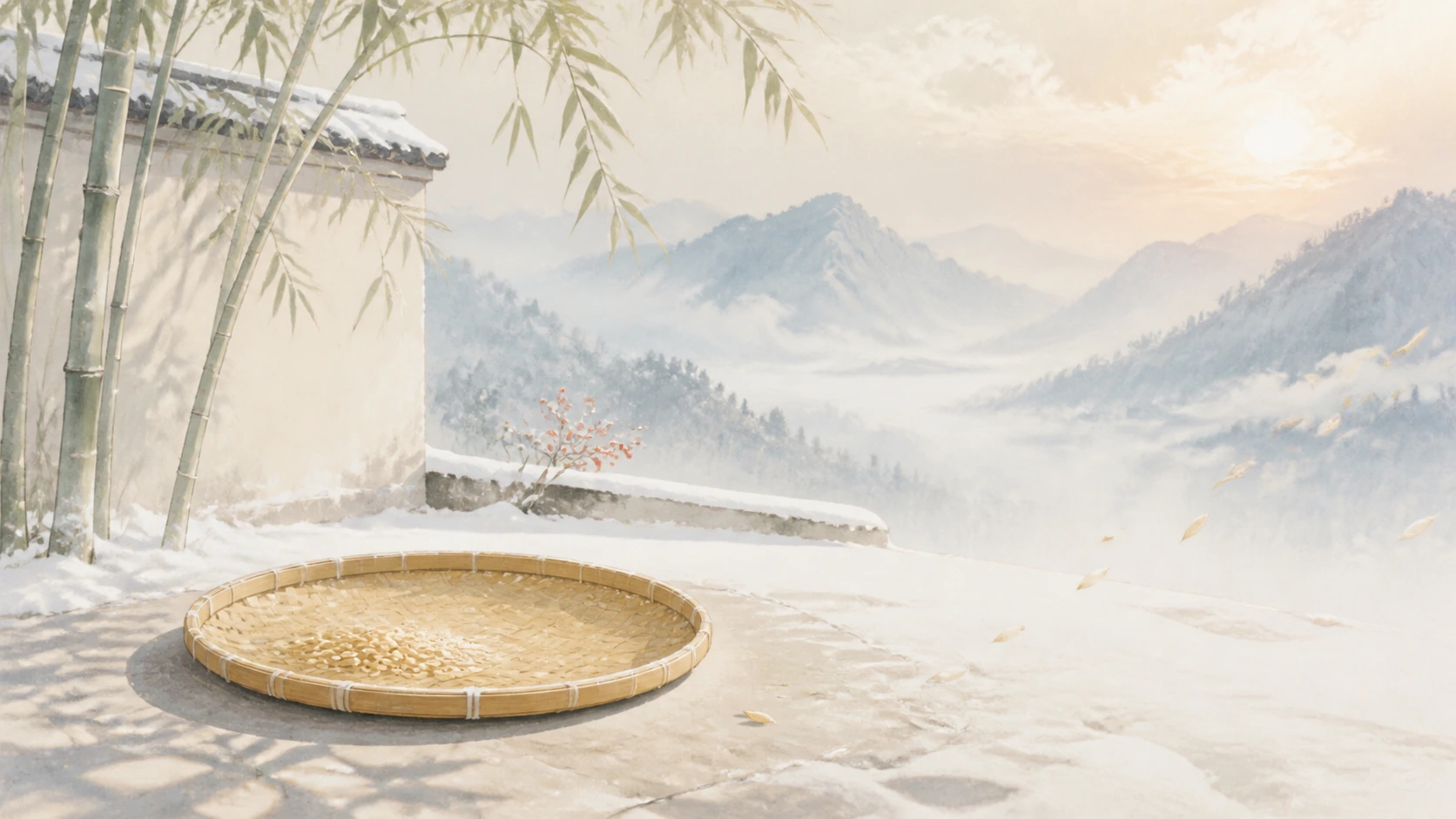 盛着谷粒的竹编圆筛放在雪地庭院中，竹林外群山连绵