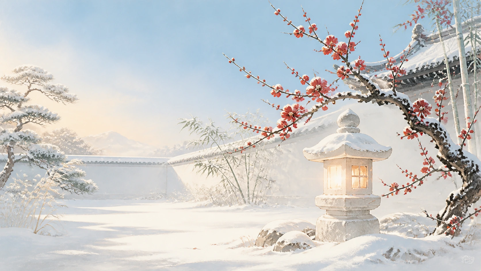 点亮的石灯立在覆雪庭院中，红梅横过屋檐前