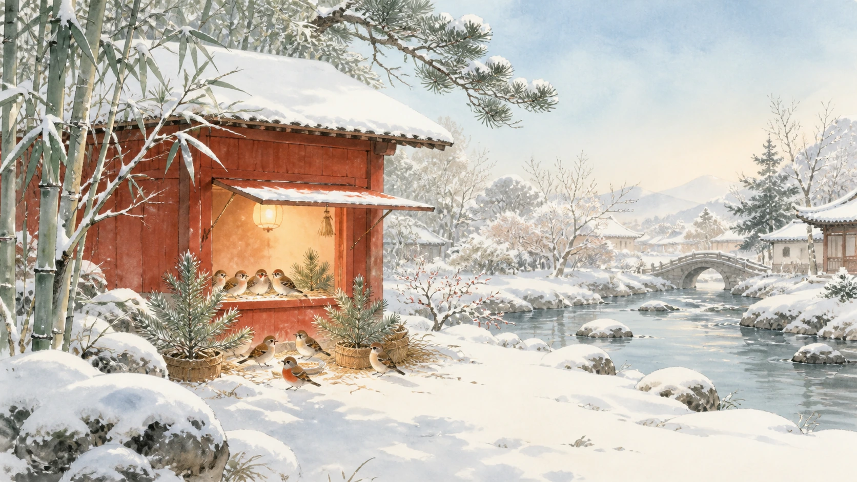 雪中的红色小屋亮着暖灯，鸟儿聚在窗台和屋前，溪流通向远处石桥