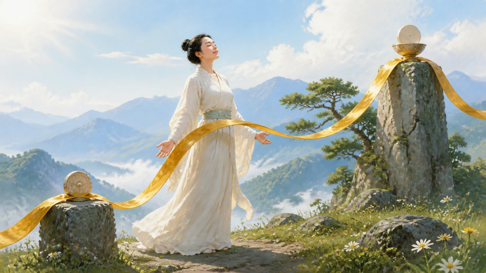 白衣女子张开双臂站在山巅，两座石柱间飘着金色长带