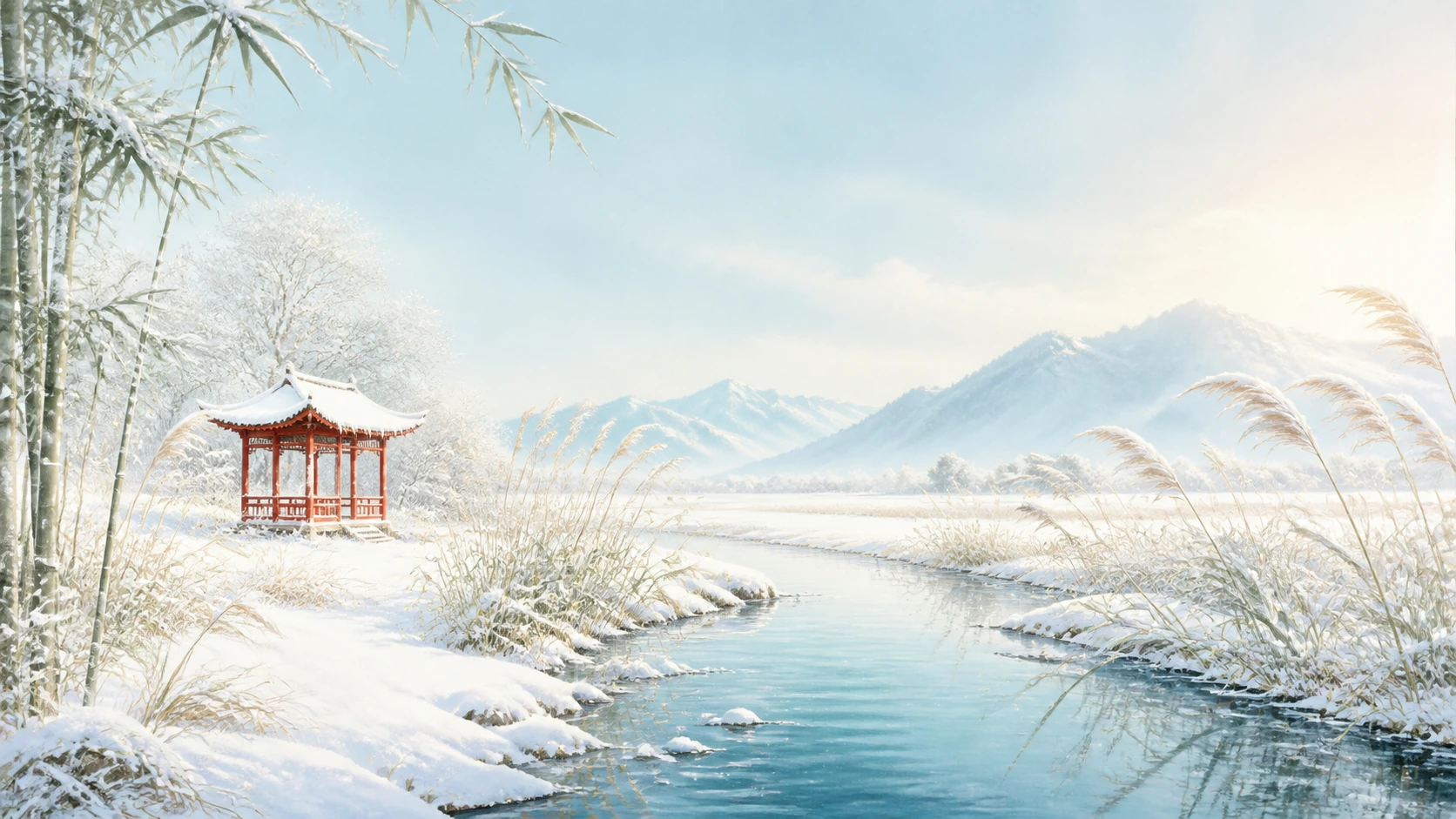 红色亭子立在覆雪竹林与溪流旁，远处群山笼罩晨光