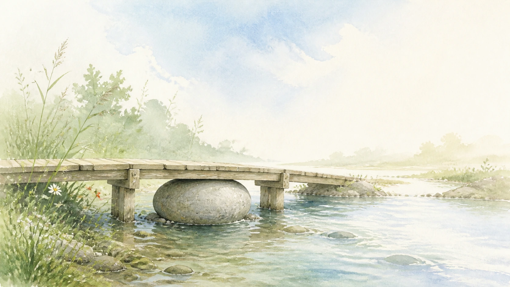木桥横跨清澈溪流，桥下由一块巨大圆石支撑
