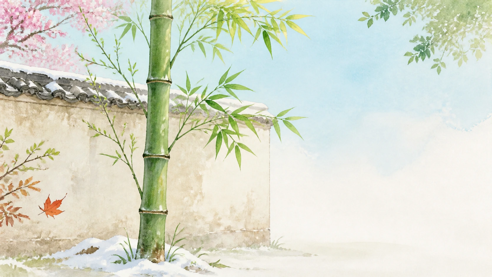 绿色竹子长在覆雪白墙前，粉色花枝与一片红叶点缀其间