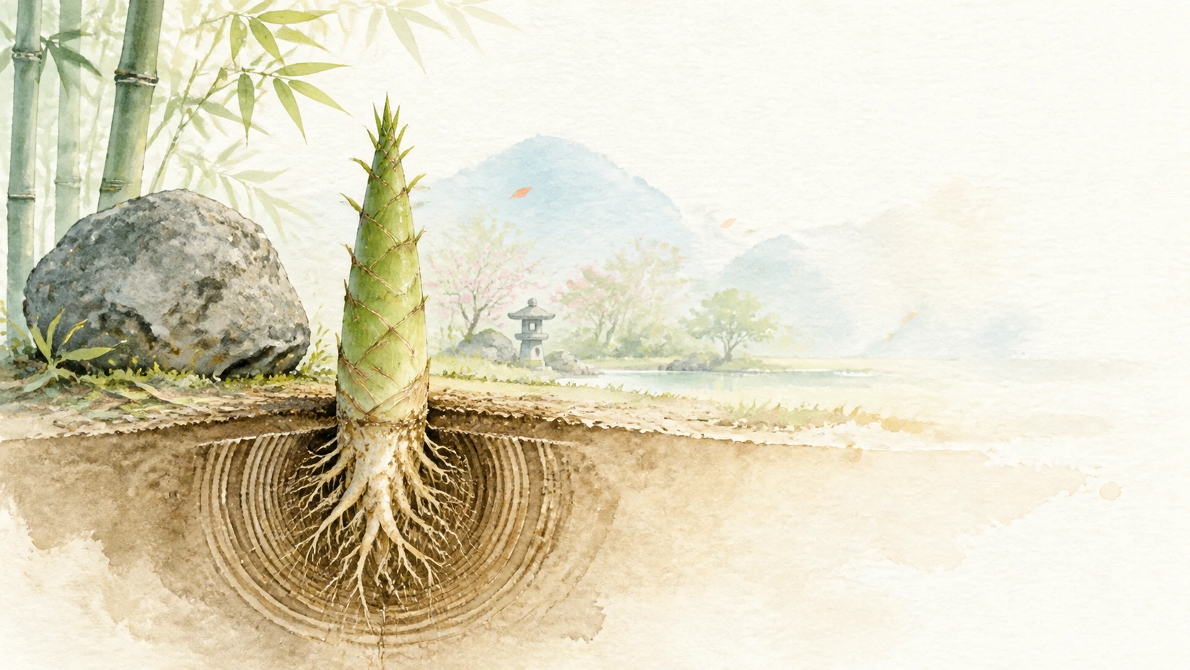 土层剖面显出竹笋向下伸展的根系，旁边立着岩石