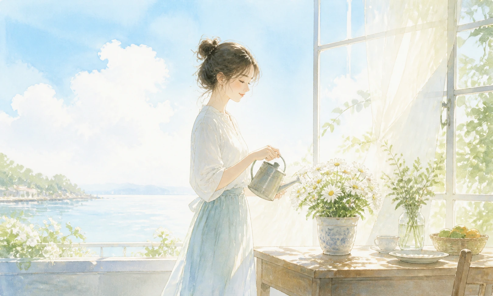 女子在临湖窗边为盆栽雏菊浇水，桌上摆着杯盘和水果