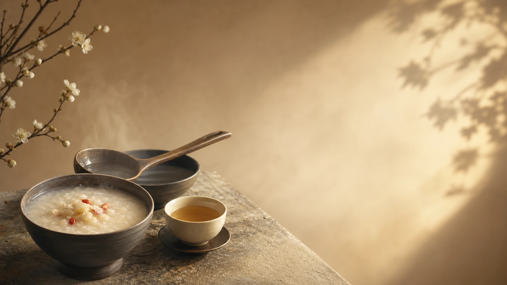 热粥、茶杯与汤勺摆在阳光照亮的桌上，旁边花枝盛开