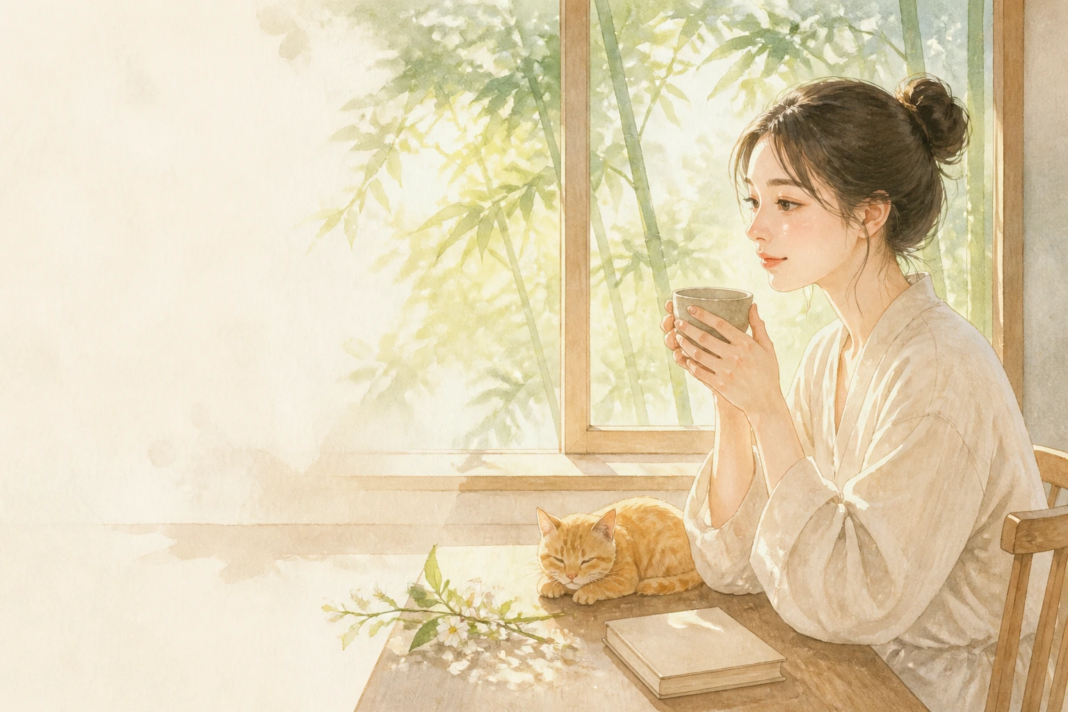 女子在竹影窗边双手捧杯，橘猫趴在桌上书本旁