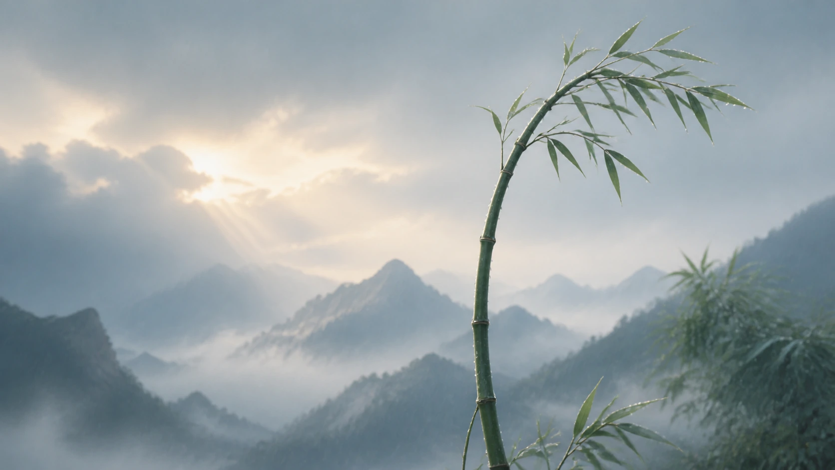 一株带着水珠的竹子弯向云雾群山，阳光穿过云层