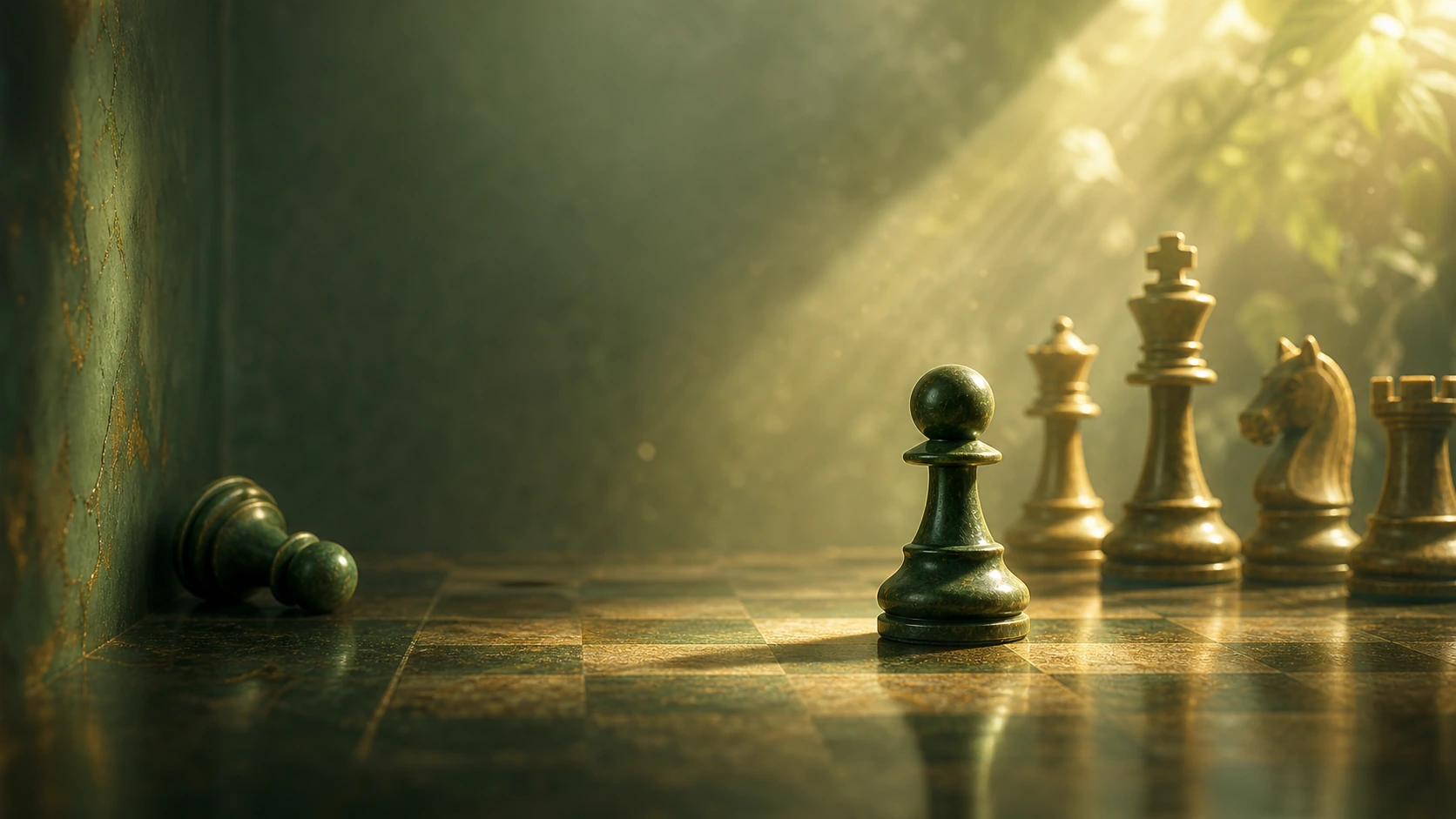 深色兵棋立在棋盘前方，倒下的棋子与金色棋子散布在阳光中