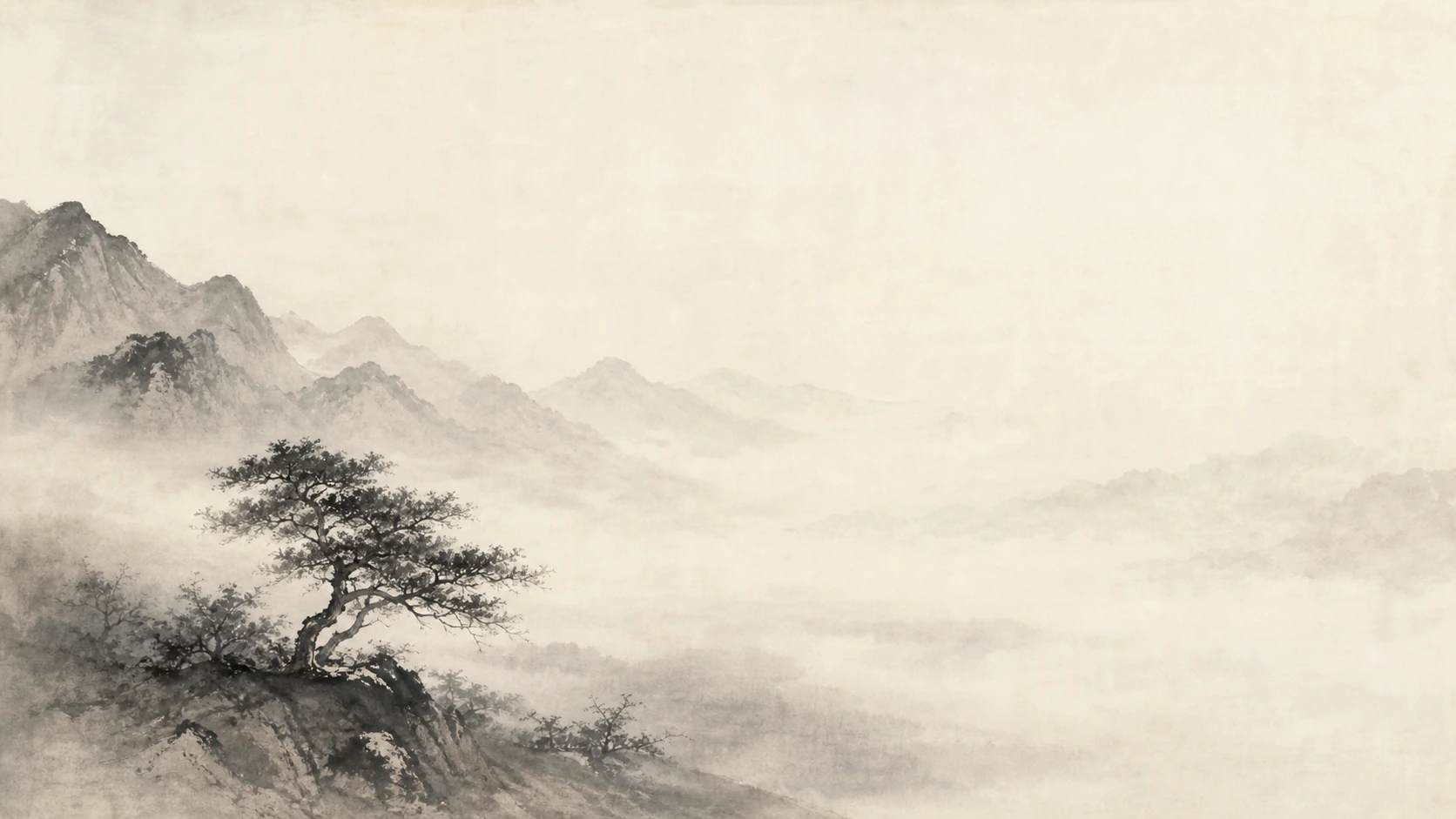 一棵松树生长在云雾缭绕的山崖上