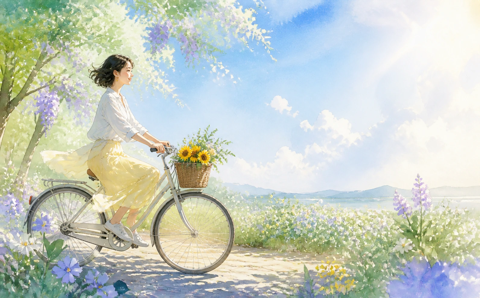 女子骑车经过湖畔花径，车篮里插着向日葵