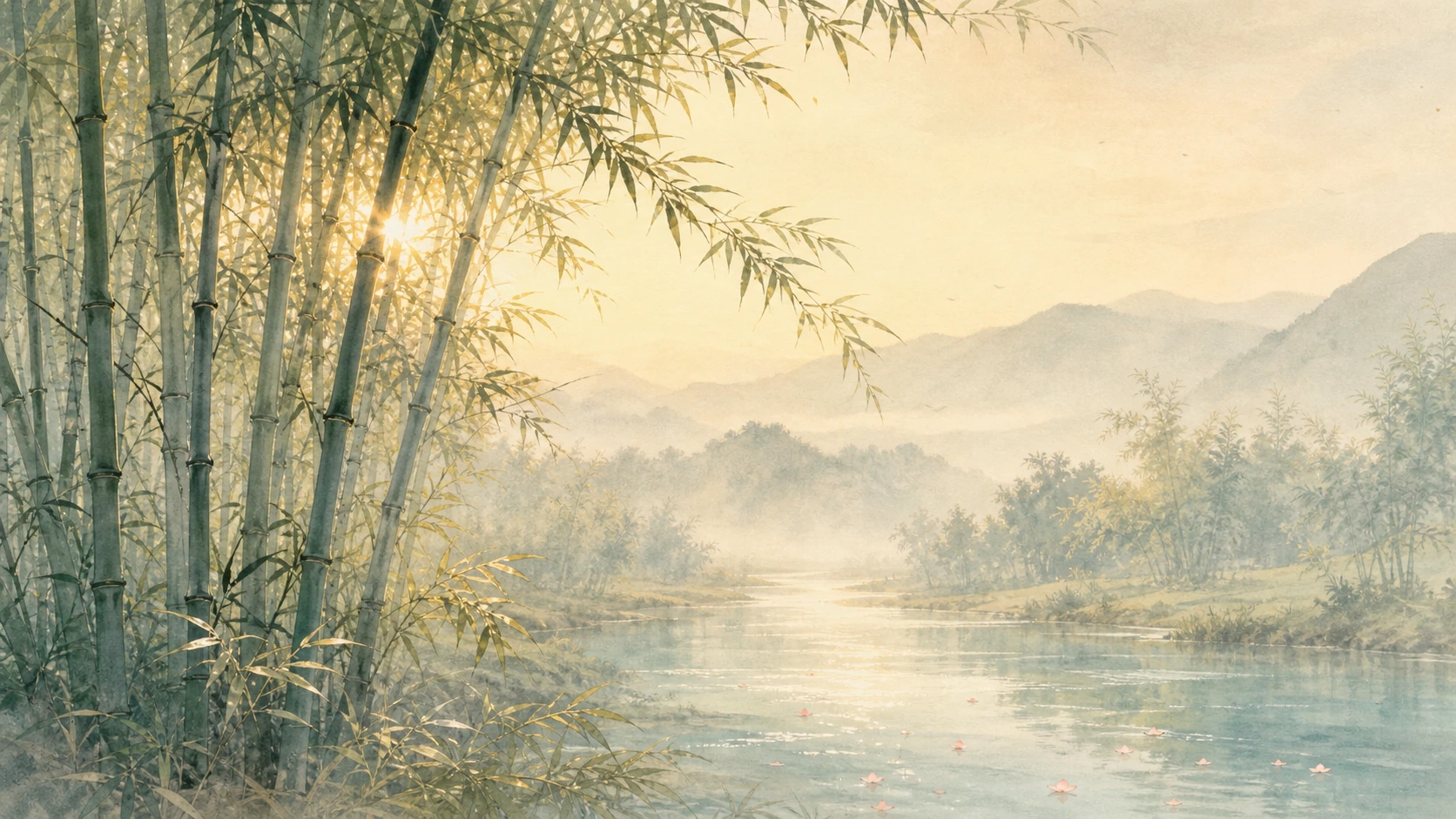 竹林沿河岸生长，粉色花瓣漂在通向雾山的水面上