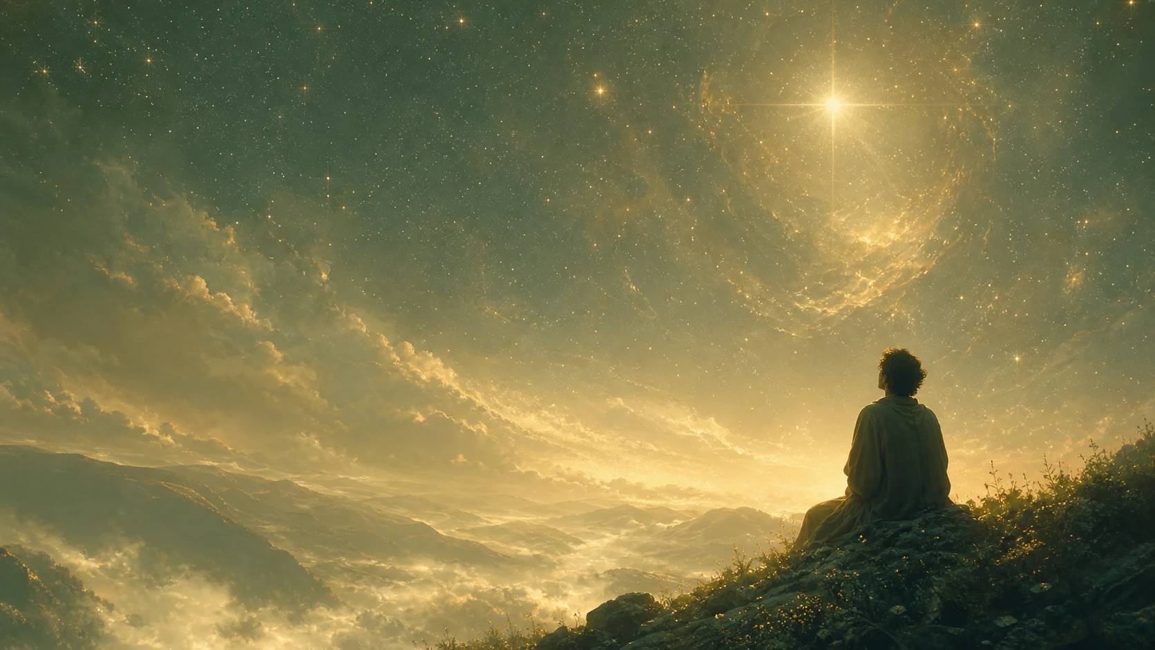 人物坐在山坡上仰望繁星与明亮星光，脚下群山云雾缭绕