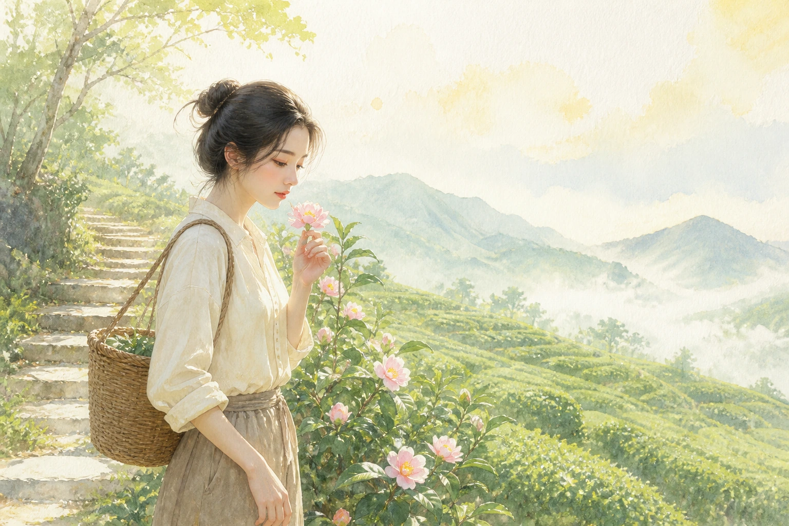 背竹篮的女子在山间梯田旁轻嗅一朵粉花