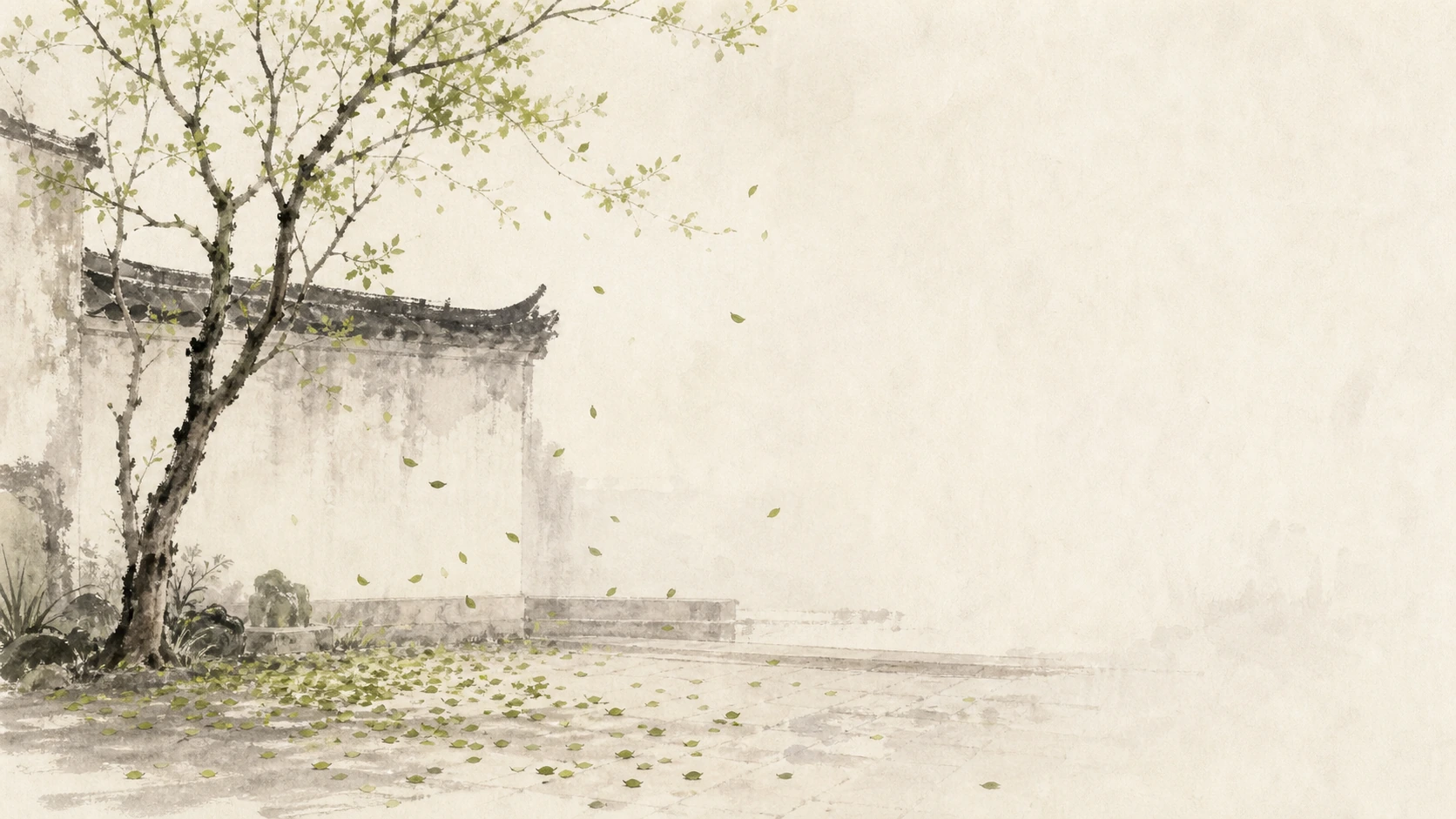 一棵树立在白墙庭院中，绿叶随风散落在石地上