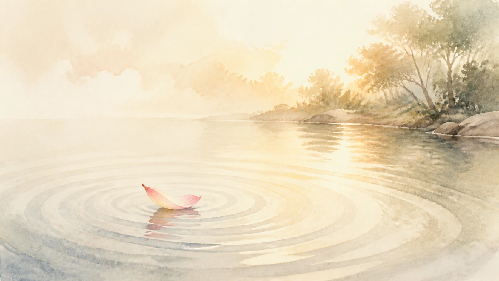 一片粉色花瓣漂在夕阳映照的湖面，周围荡开同心涟漪