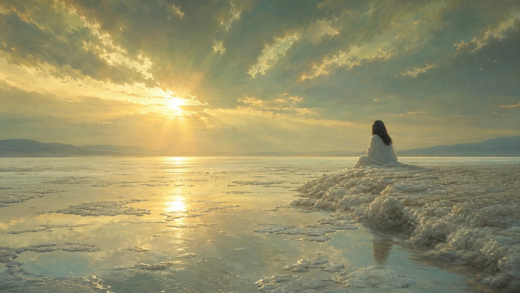 白衣女子背对画面坐在浅水盐滩上，望向云间夕阳