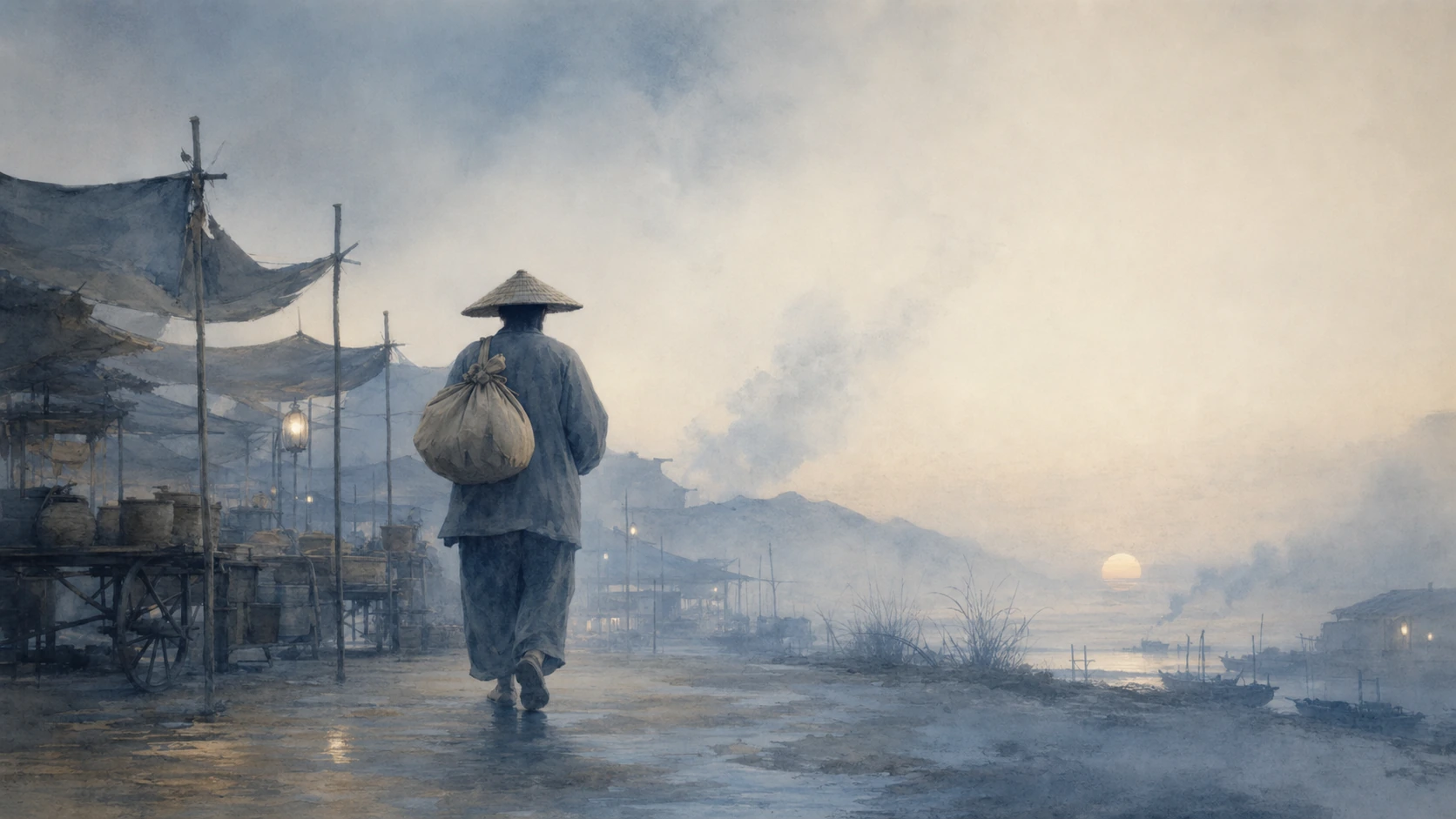 戴斗笠的旅人背着布袋走过雾中水岸集市，远处太阳将落