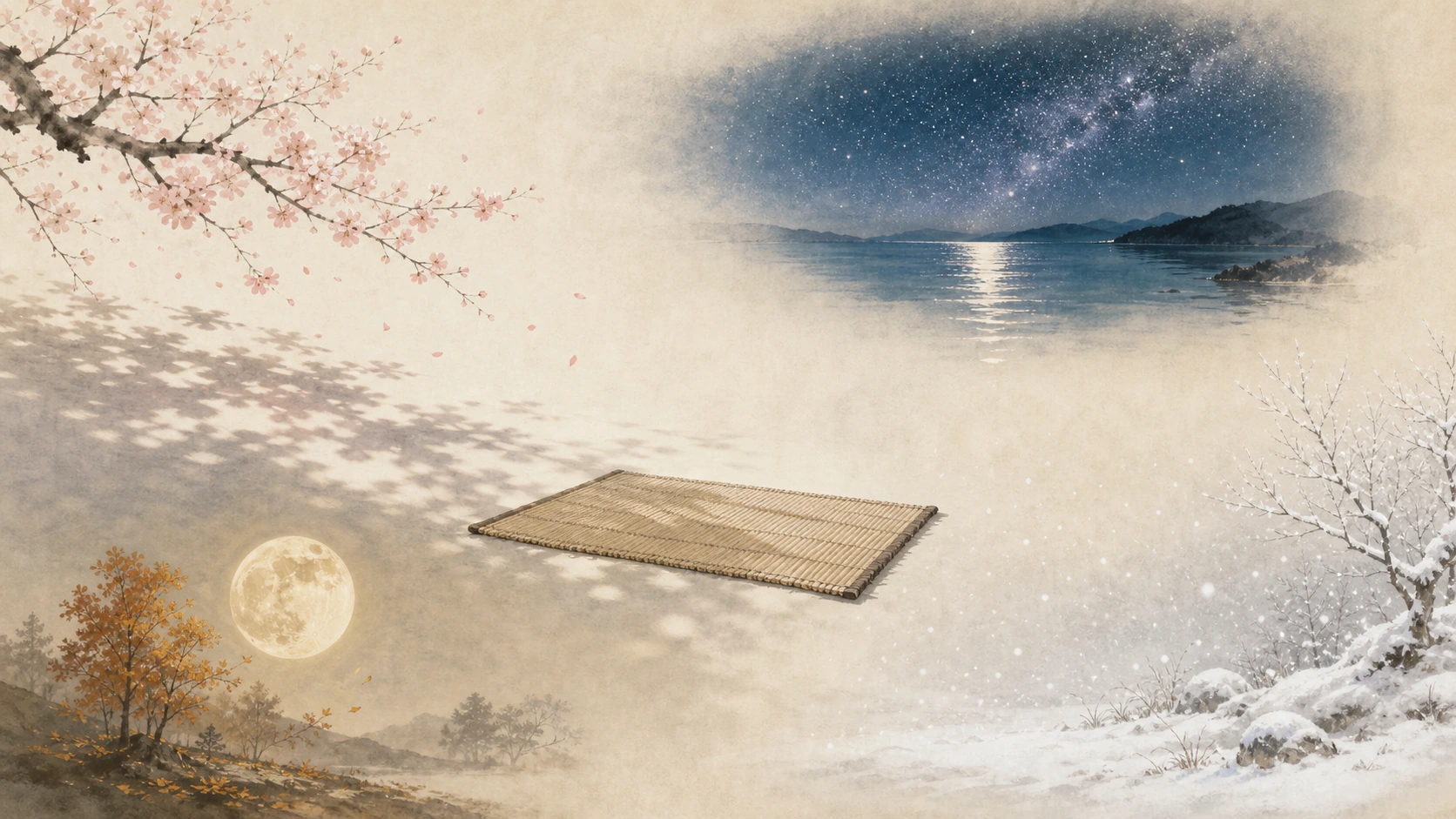 竹席四周交织樱花、星空湖面、秋月与雪景