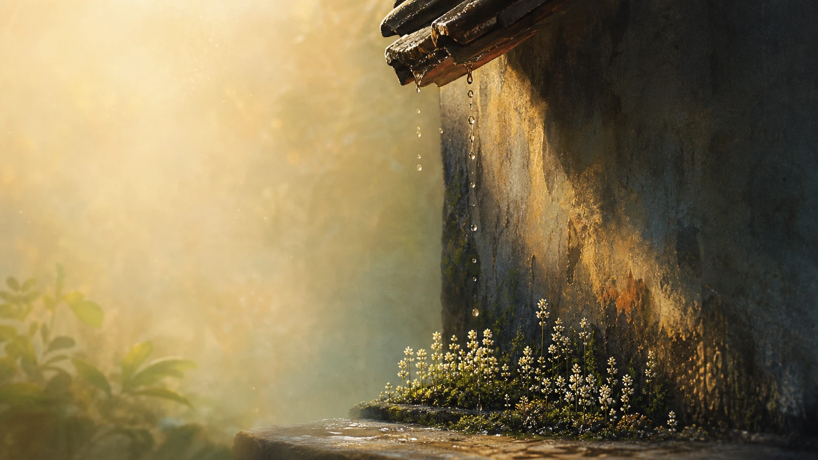 雨水从瓦檐滴落，墙脚苔藓与白色小花沐浴阳光